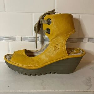 Fly London Yellow Wedge Sandals. Ankle ties.  EUC!